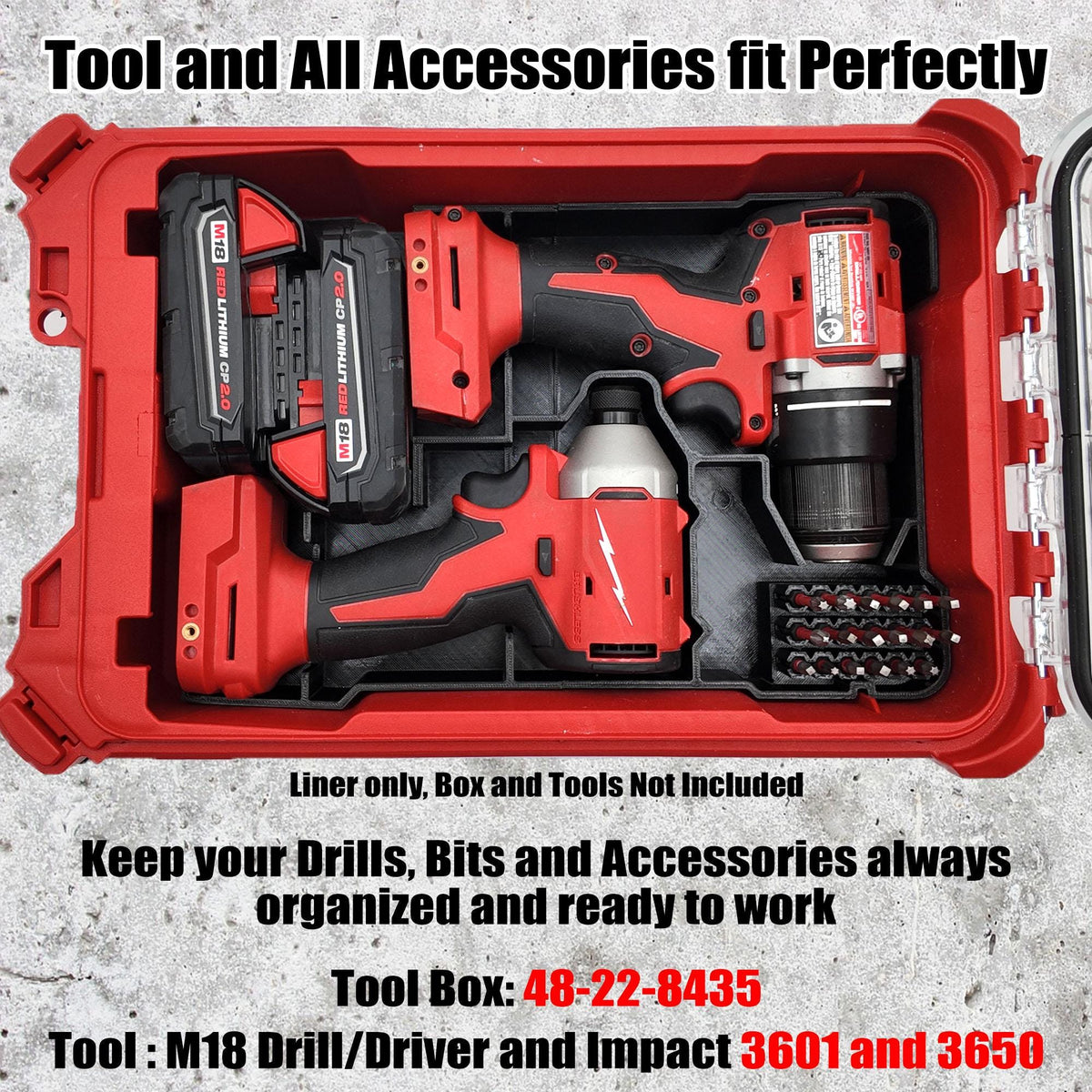 M18 Drill and Impact Driver Packout Insert for Compact Organizer Tool Storage (3601-20, 3650-20)